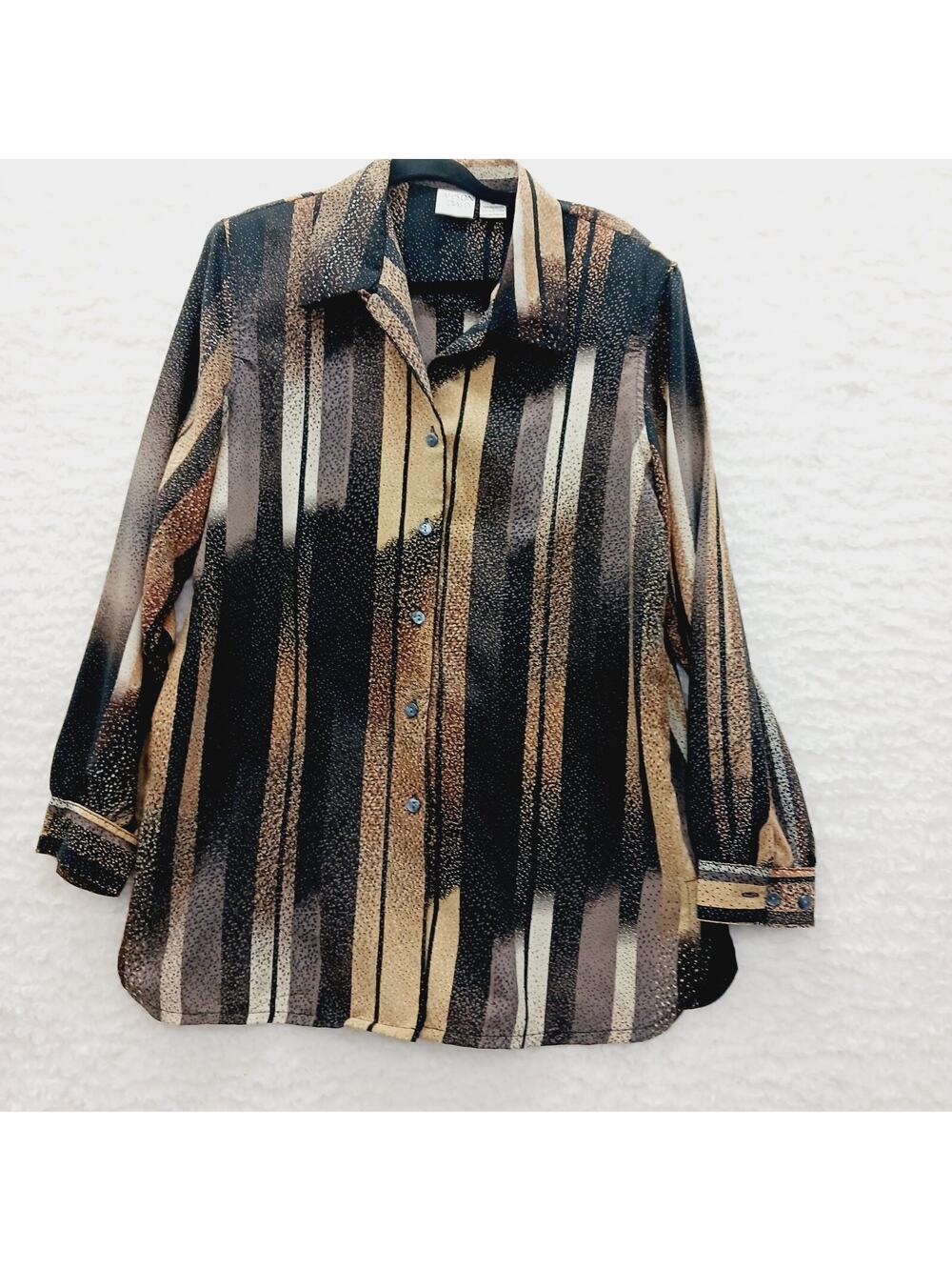 Blouse Button Up LS Geometric Neutral Office Siren Minimalist Chic Modern Sz 14